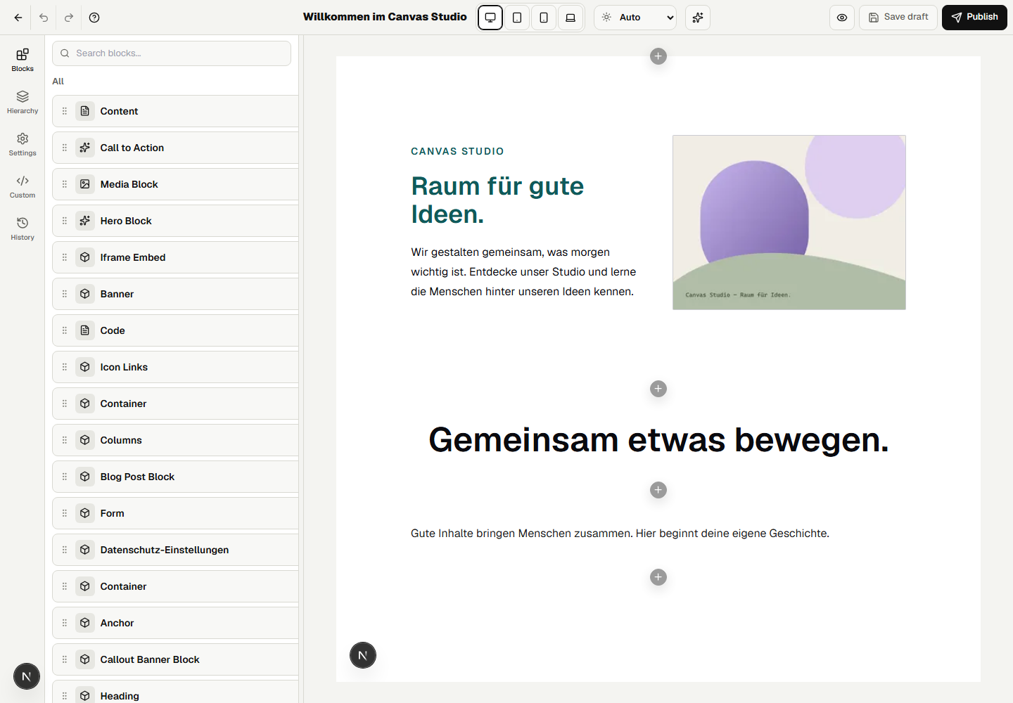 Die Blockbibliothek im visuellen Builder. Der Umfang richtet sich nach den aktivierten Plugins.