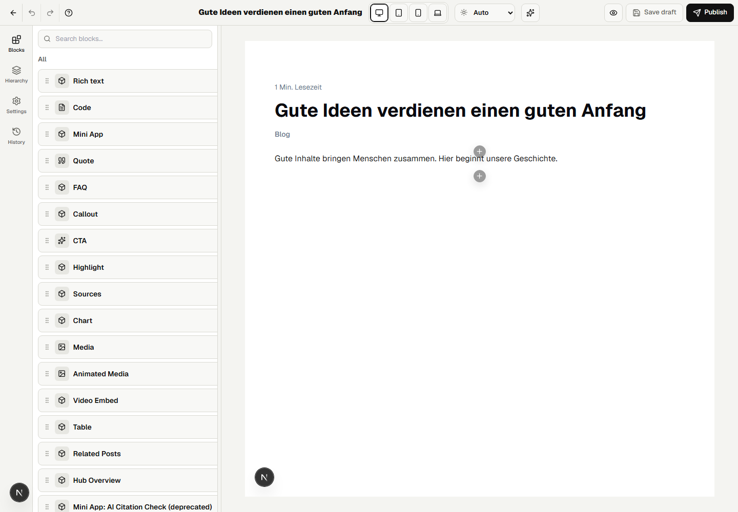 Der Beitrags-Builder für einen Demo-Artikel mit redaktionellen Inhaltsblöcken.