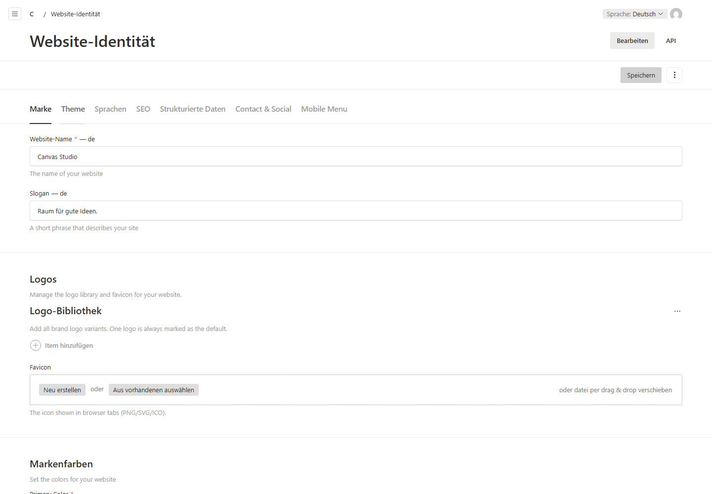 Das aktive Theme wird in der Website-Identität ausgewählt.