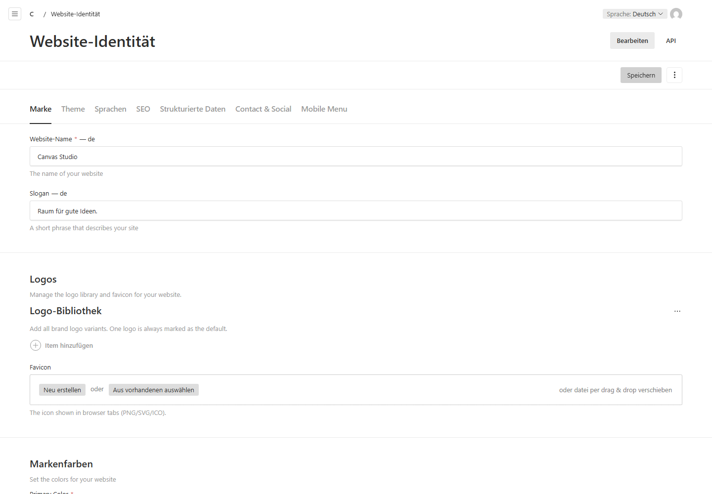 Website-Identität: Name, Logos und Markeneinstellungen.