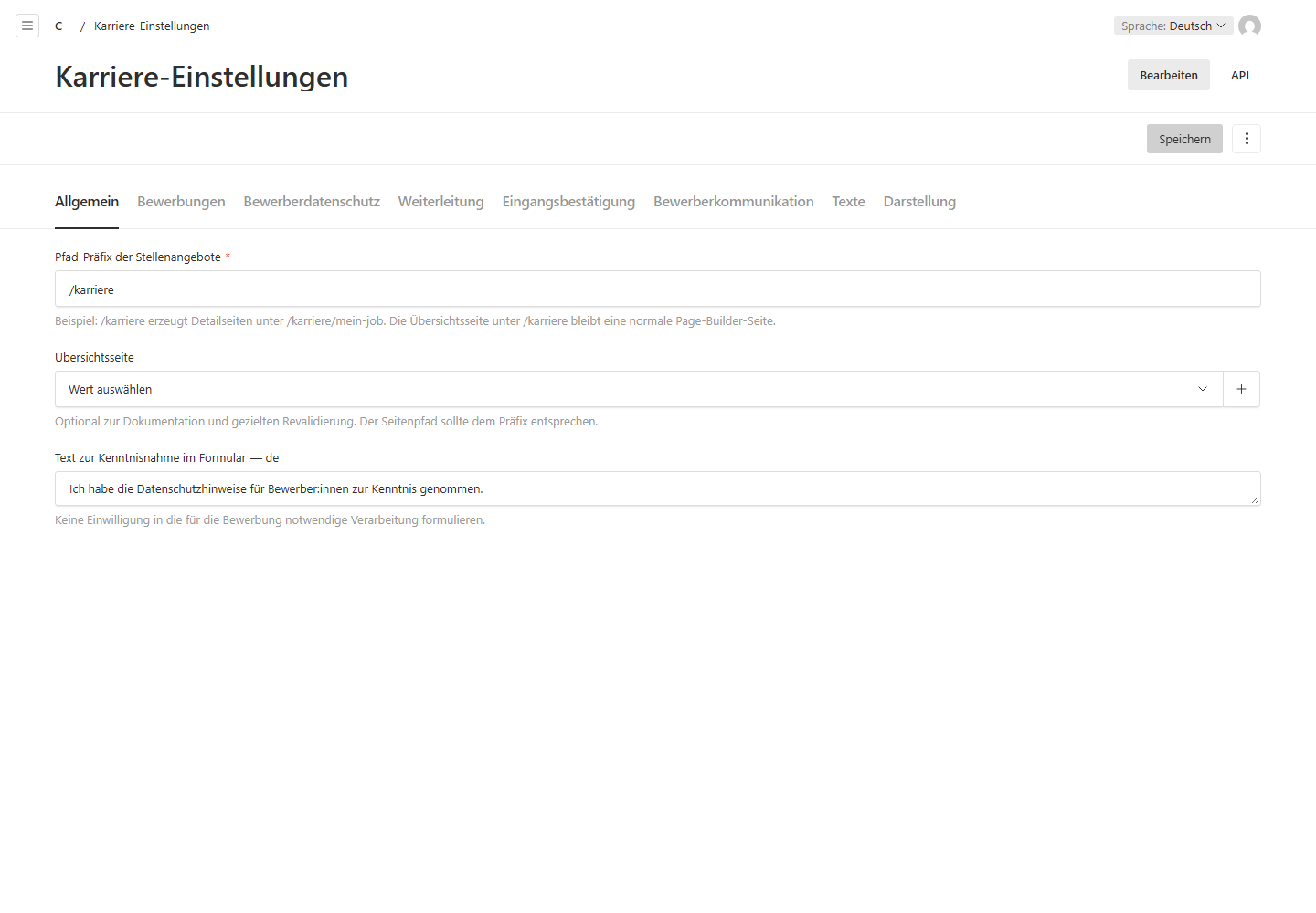 Karriere-Einstellungen mit Bewerbungs- und Datenschutzoptionen.