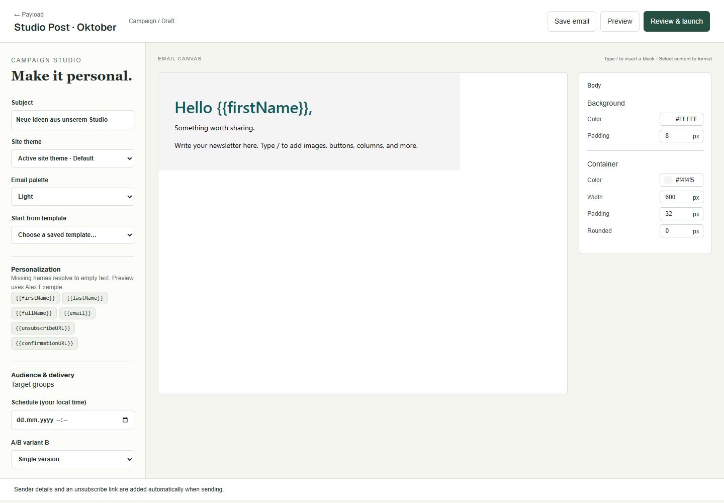 Der tatsächliche Newsletter-Builder – eine Demo-Kampagne ohne Versand.