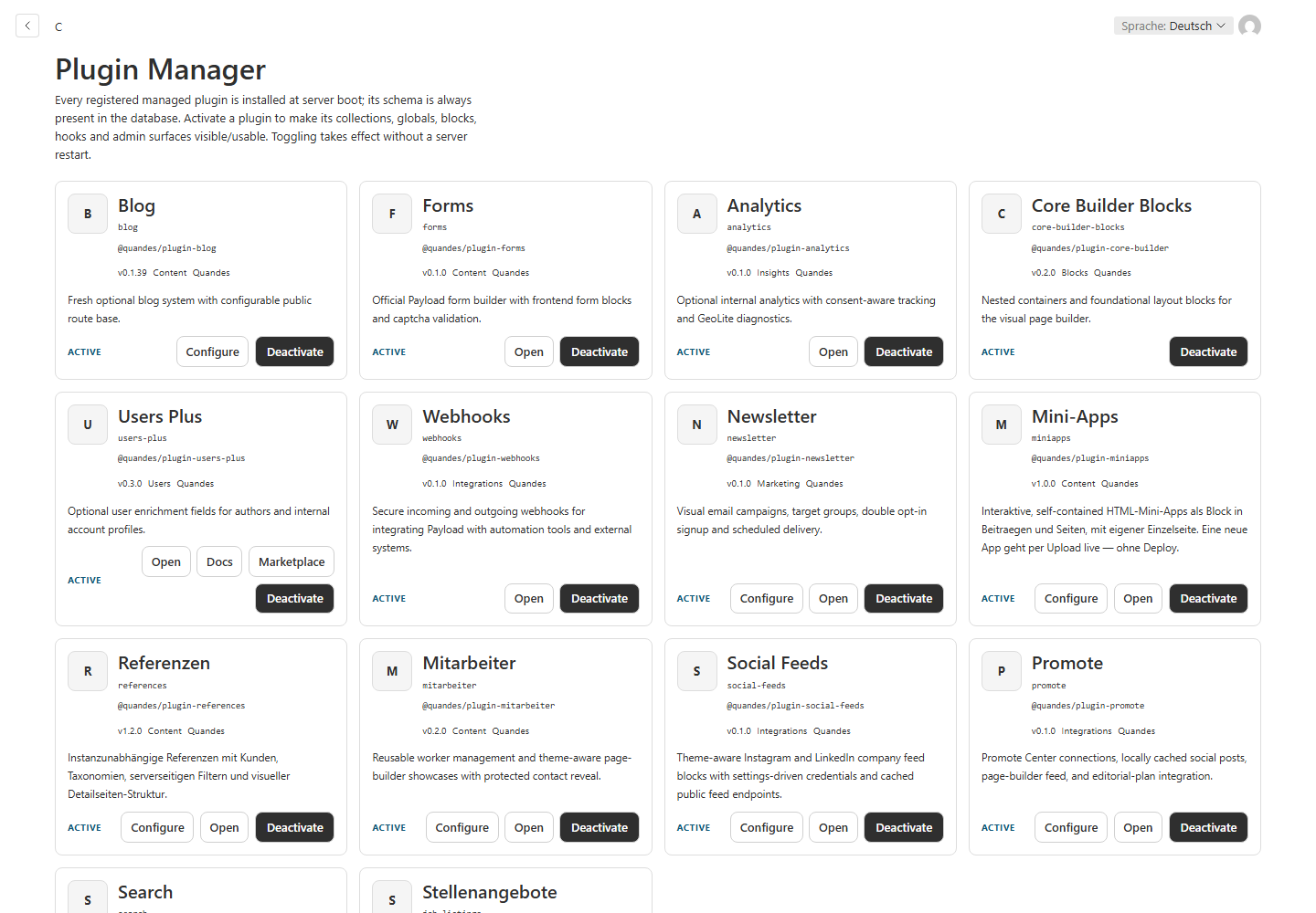 Der Plugin-Manager zeigt die für diese Demo freigegebenen Plugins.