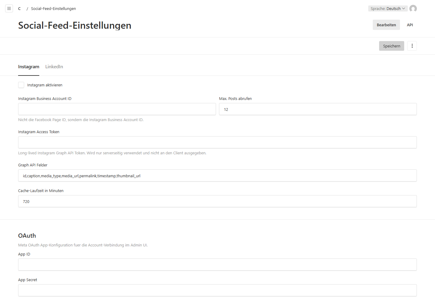 Social-Feed-Einstellungen; die Demo enthält keine echten Zugangsdaten.