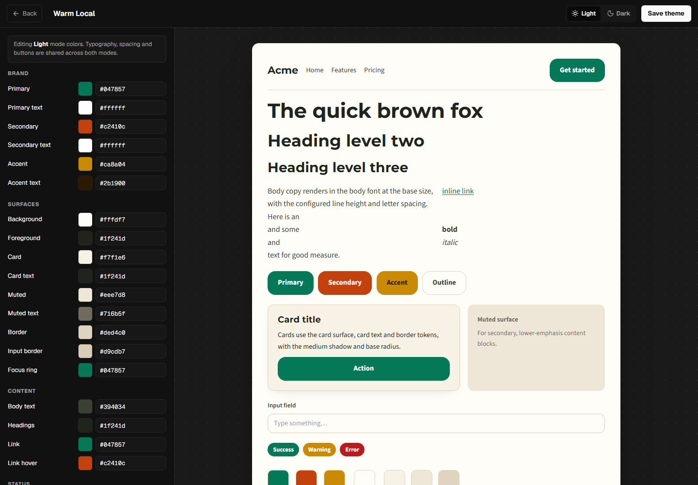 Der Theme-Bereich für Farben, Schrift und Design.